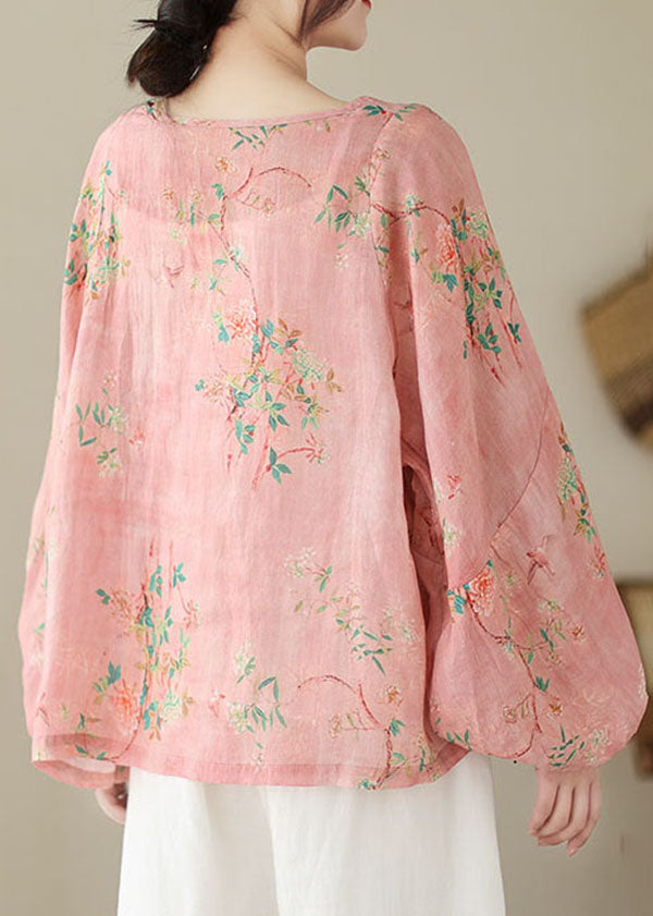 Unique Pink O Neck Print Patchwork Cotton Top Lantern Sleeve