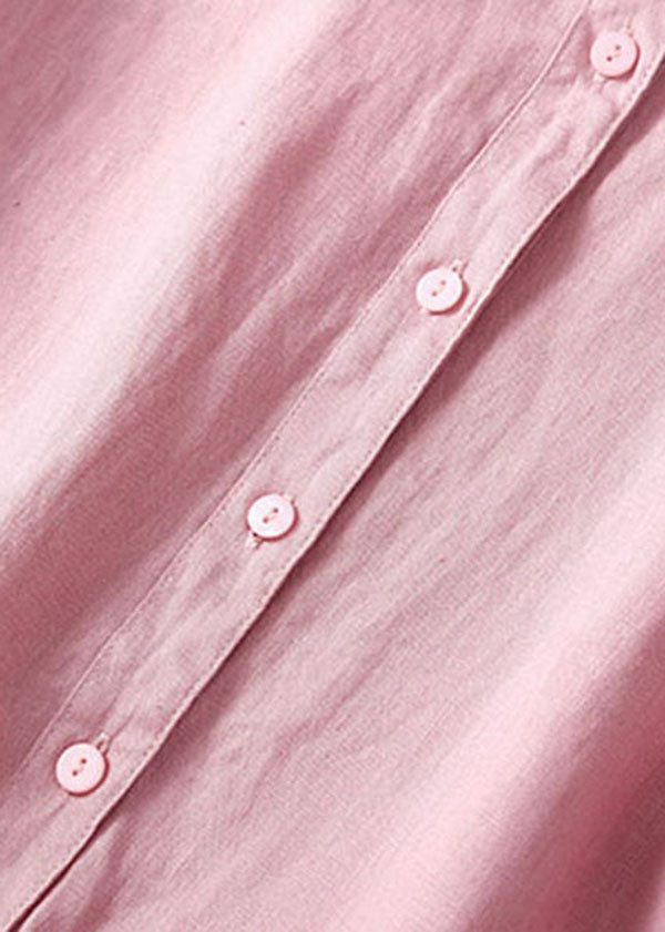 Unique Pink Peter Pan Collar Wrinkled Linen Holiday Dress Short Sleeve