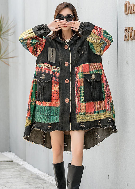 Vintage Unique Plaid Button Pocket Fall Hooded Long Sleeve Coat