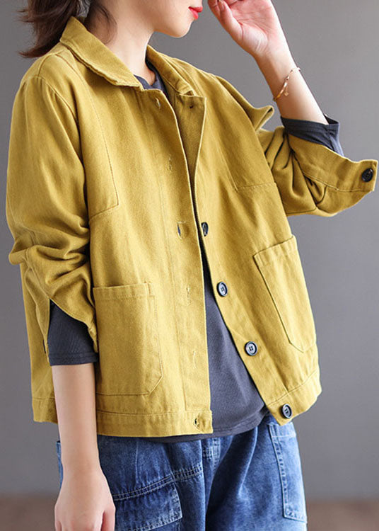 Yellow Pockets Patchwork PeterPan Collar Button Fall Coat