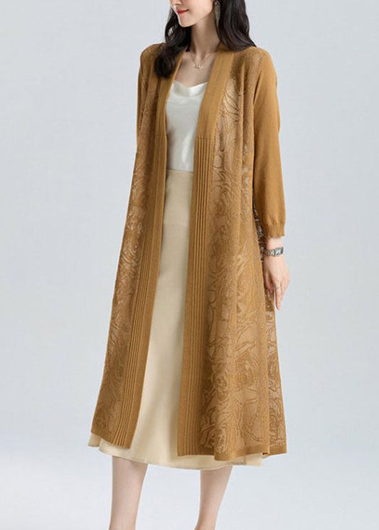 Unique Yellow V Neck Embroideried Patchwork Thin Ice Size Long Knit Cardigan Summer