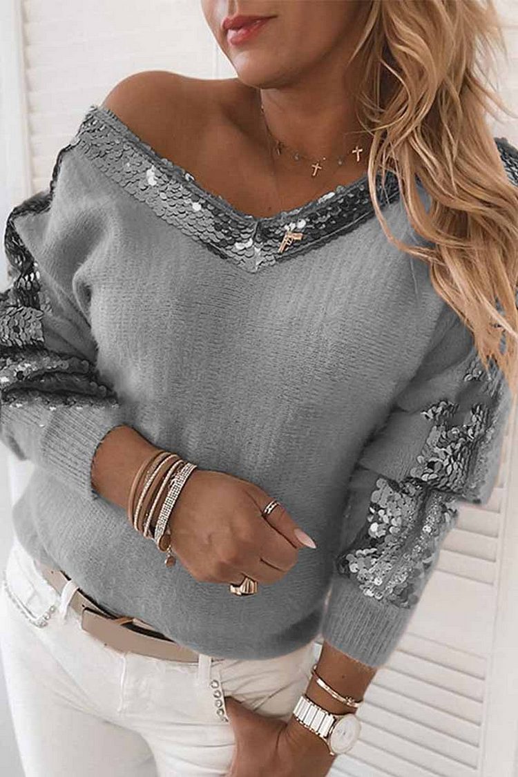 V-Neck Sequined Long Sleeve Sweater