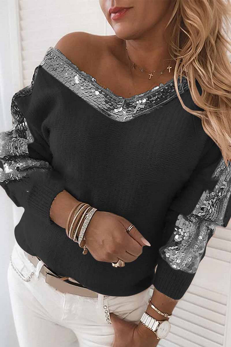 V-Neck Sequined Long Sleeve Sweater