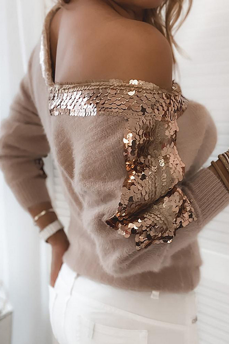 V-Neck Sequined Long Sleeve Sweater