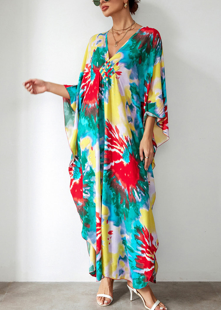 Vacation Style Blue Cotton Printed Beach Robe Dress Summer