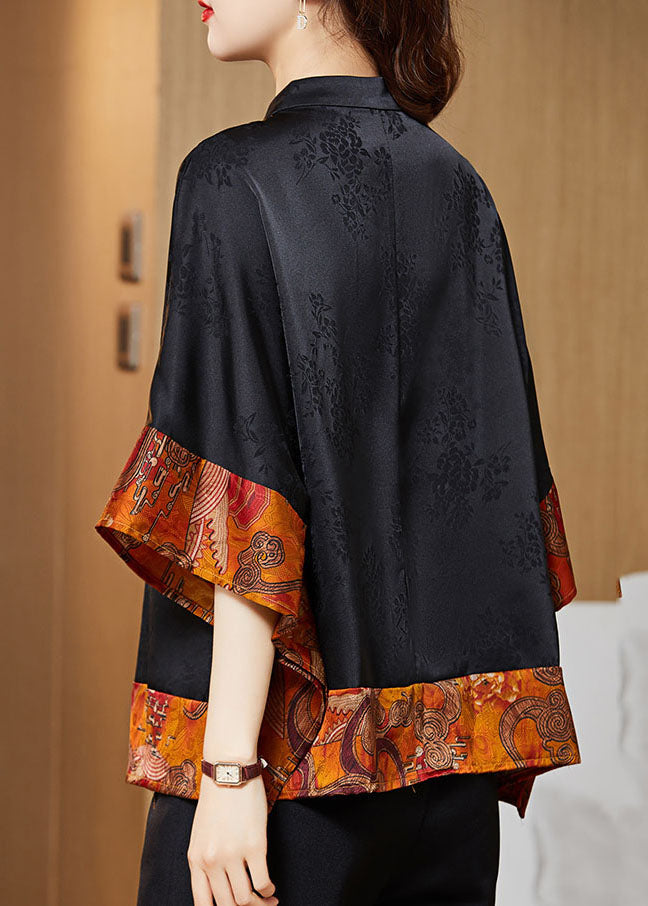 Vintage Mandarin Collar Asymmetric Patchwork Jacquard Silk Black Shirt Dolman Sleeves
