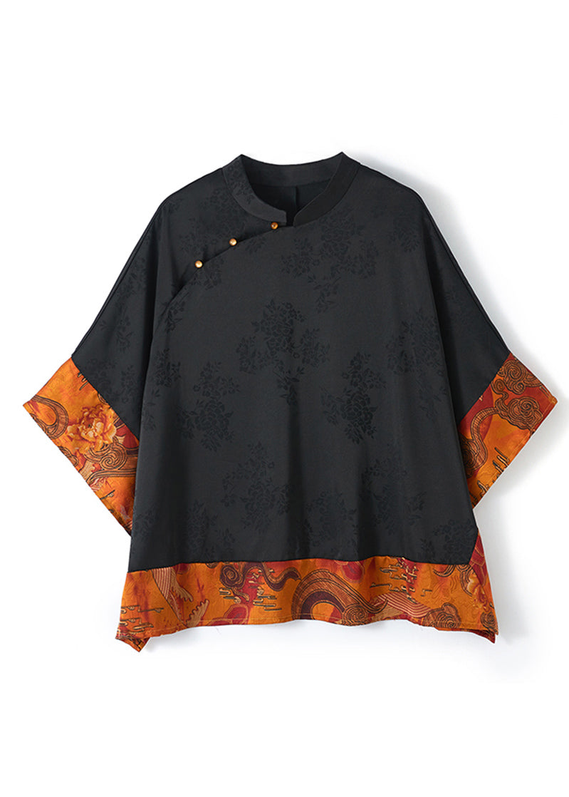Vintage Mandarin Collar Asymmetric Patchwork Jacquard Silk Black Shirt Dolman Sleeves