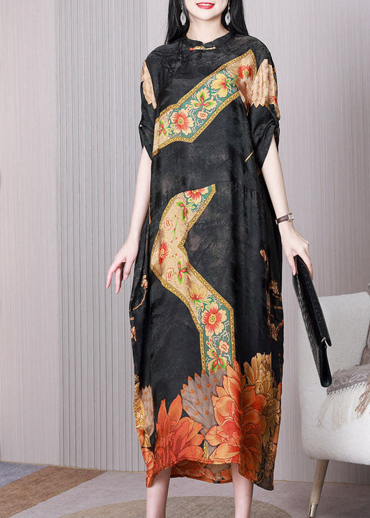 Vintage Print Patchwork Black Chinese Button Silk Long Dress Half Sleeve