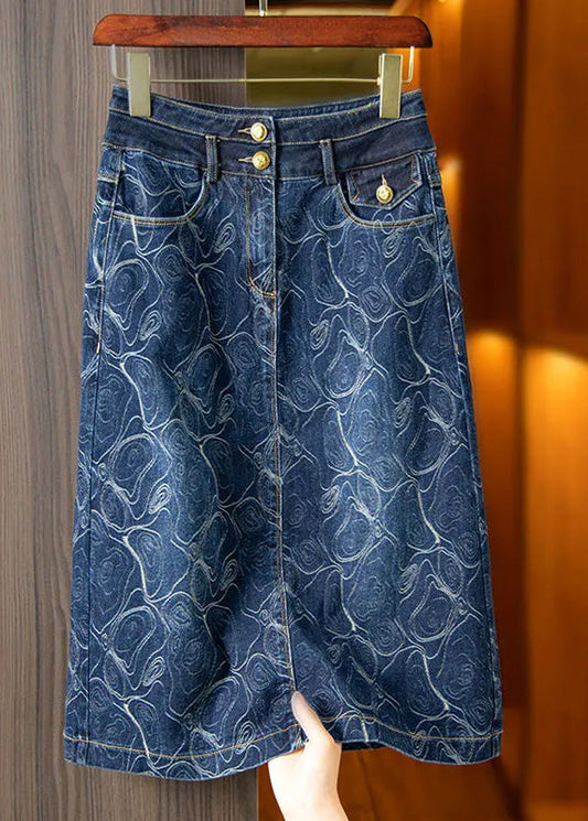 Retro Blue High Waist Button Printed Denim A-Line Skirt Summer