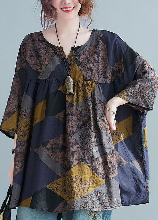 Vintage V Neck Geometric Print Patchwork Cotton Shirt Top
