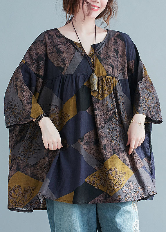 Vintage V Neck Geometric Print Patchwork Cotton Shirt Top