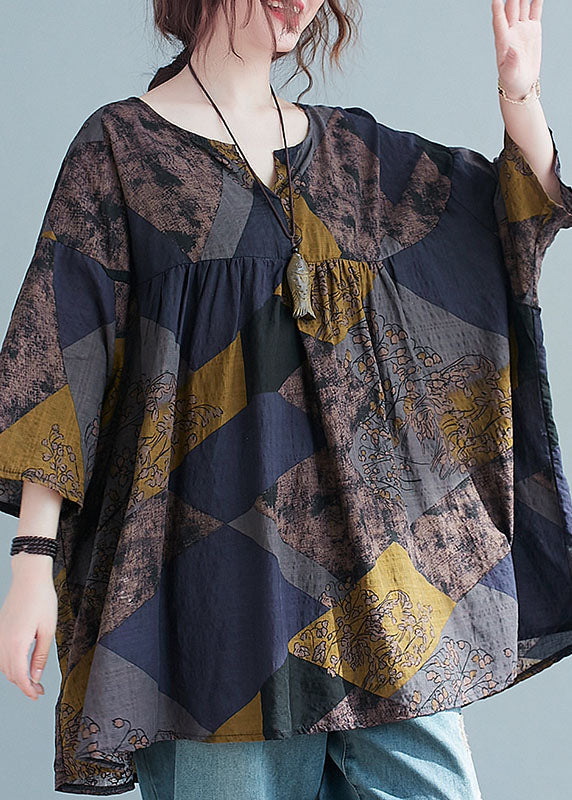 Vintage V Neck Geometric Print Patchwork Cotton Shirt Top