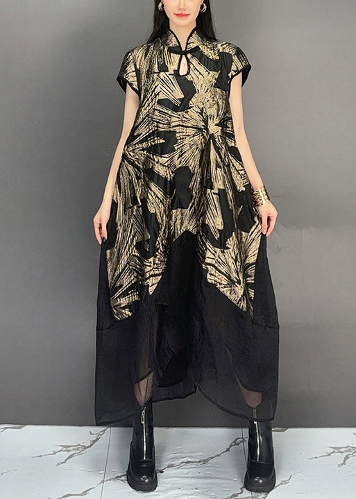 Vintage Gold Stand Collar Print Patchwork Cotton Dresses Summer