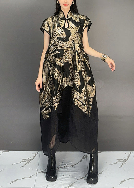Vintage Gold Stand Collar Print Patchwork Cotton Dresses Summer