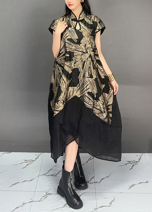 Vintage Gold Stand Collar Print Patchwork Cotton Dresses Summer