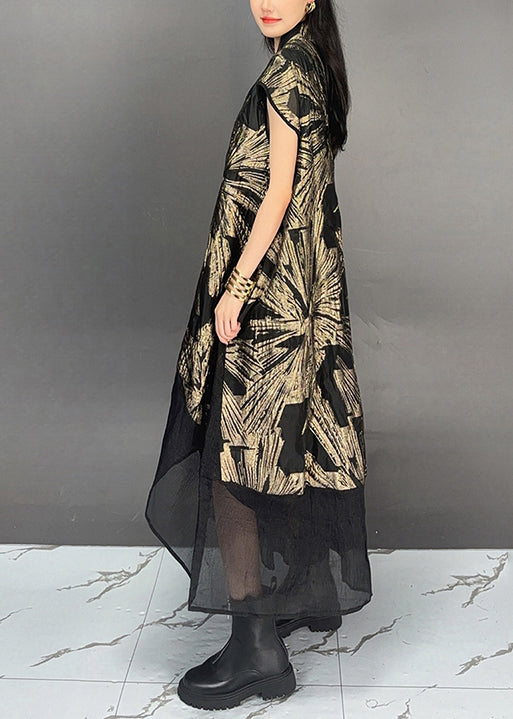 Vintage Gold Stand Collar Print Patchwork Cotton Dresses Summer