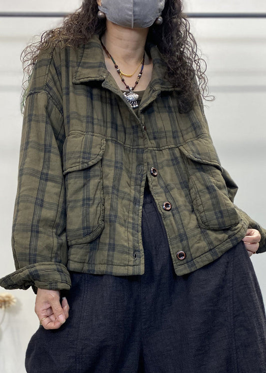 Vintage Green Plaid Button Patchwork Cotton Filled Coat Long Sleeve