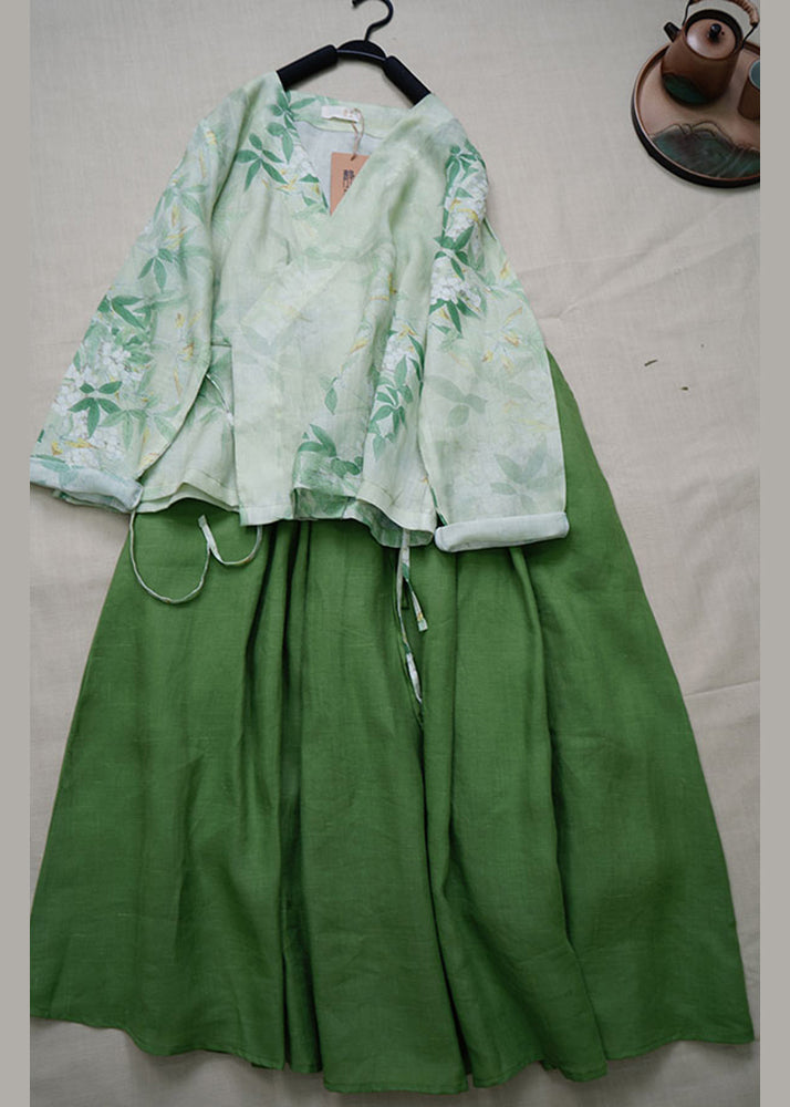 Vintage Green V Neck Print Lace Up Linen Two Pieces Set Summer