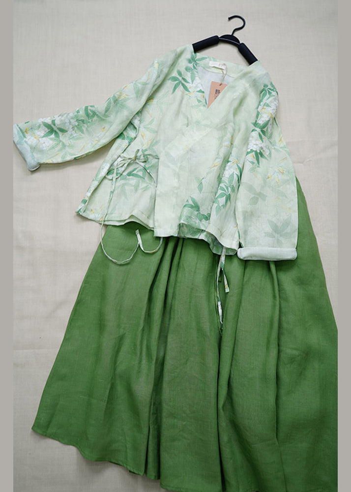 Vintage Green V Neck Print Lace Up Linen Two Pieces Set Summer