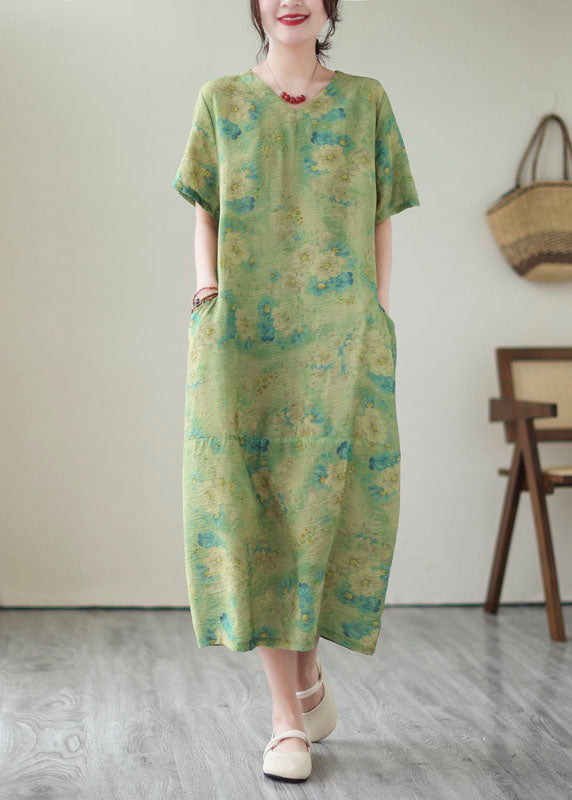 Vintage Green V Neck Print Patchwork Cotton Dress Summer