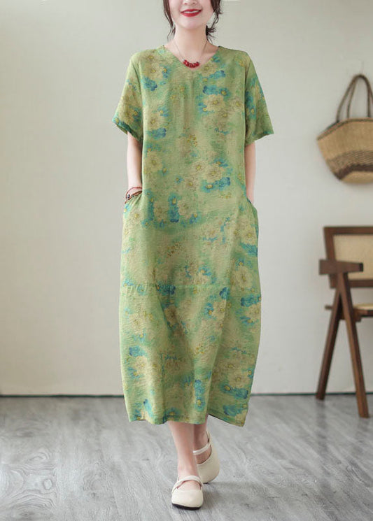 Vintage Green V Neck Print Patchwork Cotton Dress Summer