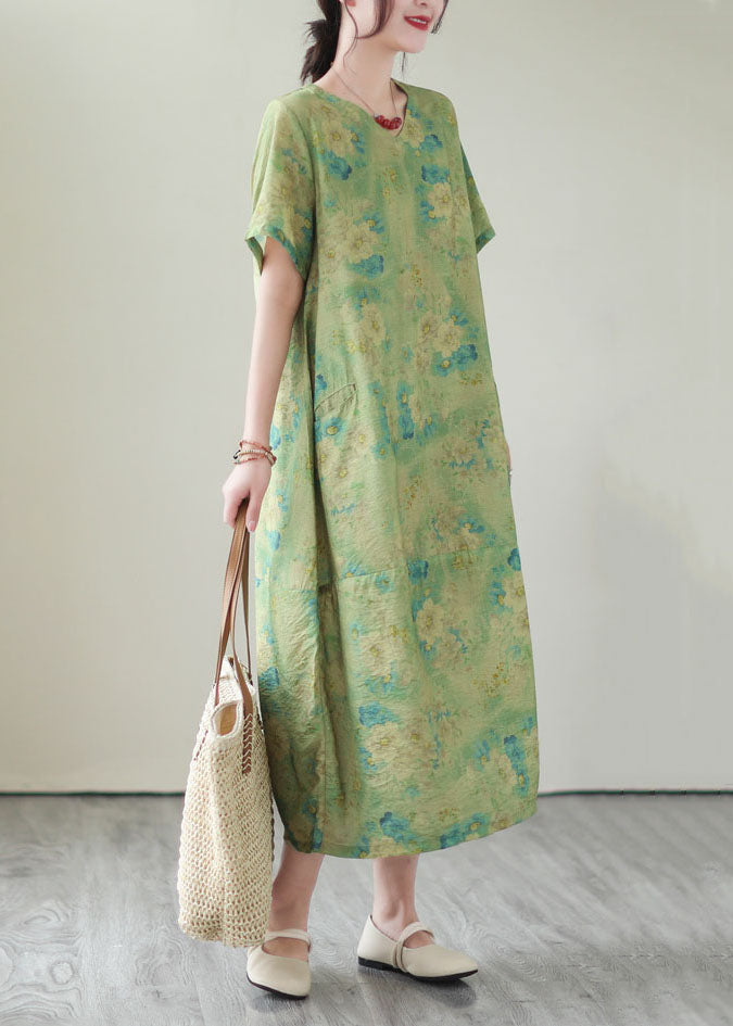 Vintage Green V Neck Print Patchwork Cotton Dress Summer