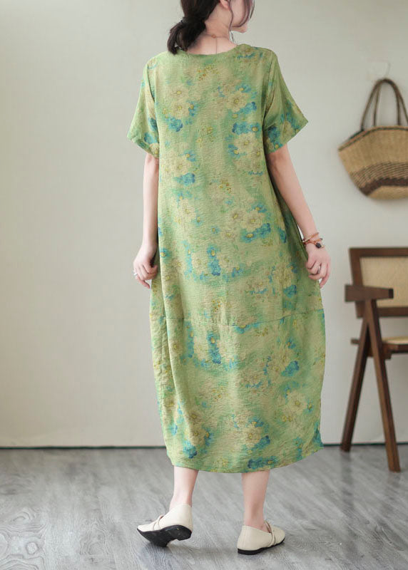 Vintage Green V Neck Print Patchwork Cotton Dress Summer