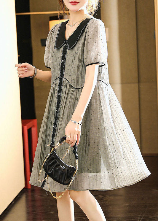Gray Peter Pan Collar Pleated Patchwork Silk Vintage Dress Summer