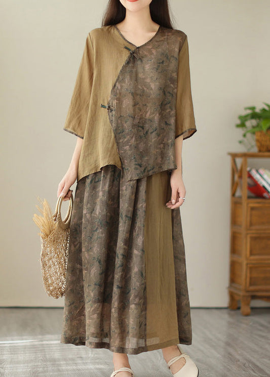 Retro Khaki Printed Linen Top And A Line Skirts Two Pieces Set Summer