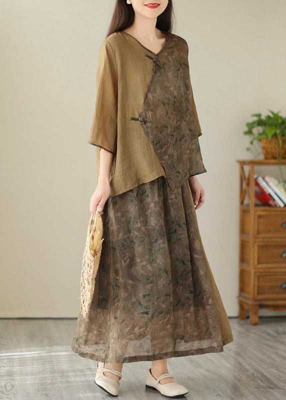 Retro Khaki Printed Linen Top And A Line Skirts Two Pieces Set Summer