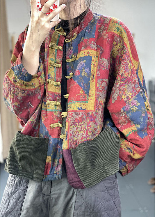 Vintage Red Printed Pocket Button Autumn Long Sleeve Coat