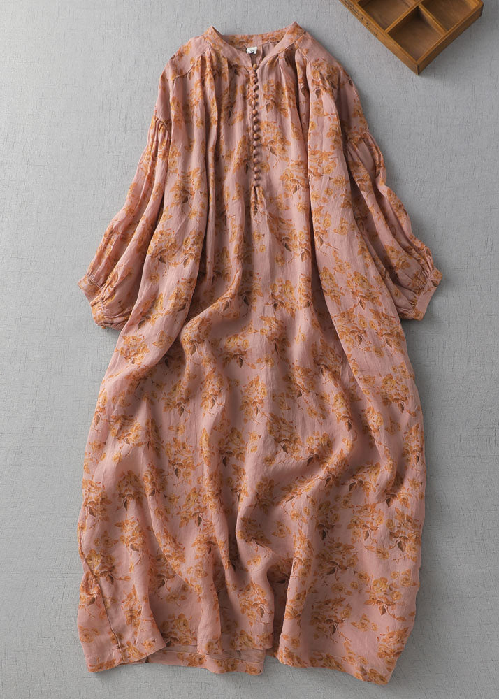 Vintage Orange Patchwork Print Button Linen Maxi Dress Summer