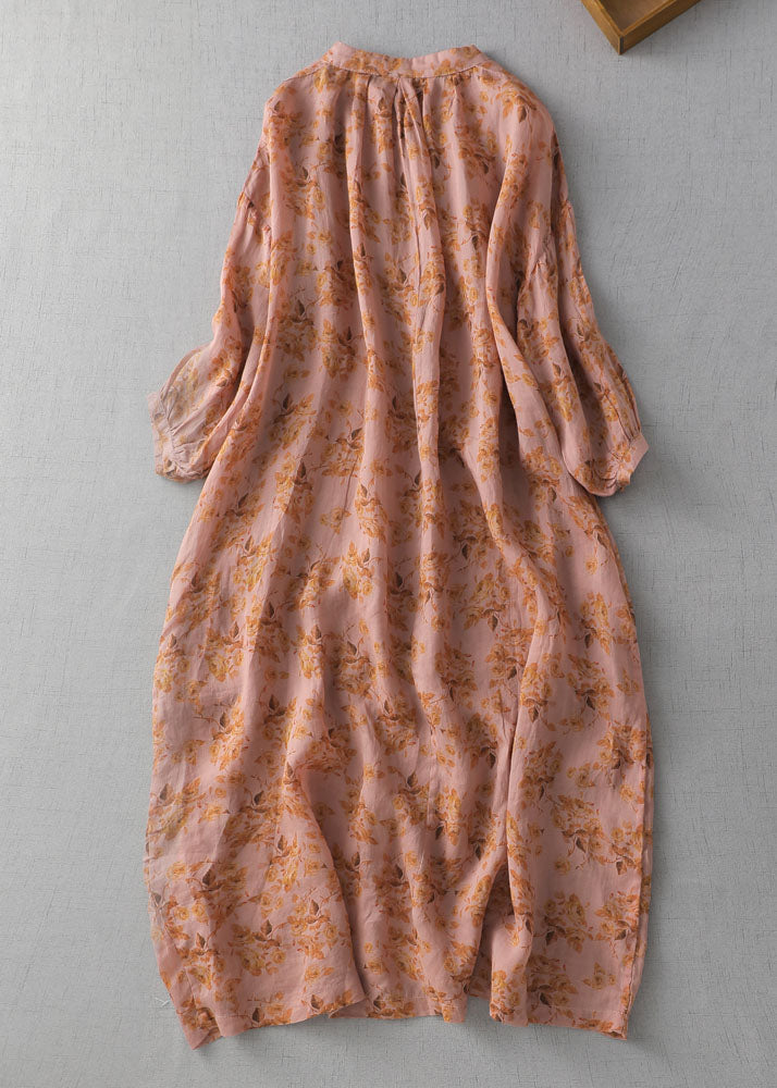 Vintage Orange Patchwork Print Button Linen Maxi Dress Summer