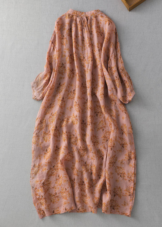 Vintage Orange Patchwork Print Button Linen Maxi Dress Summer