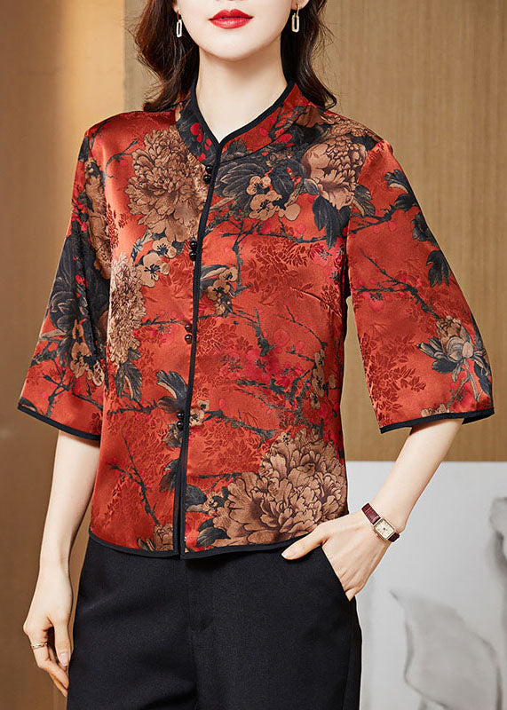 Red Mandarin Collar Print Vintage Silk Shirt Tops Half Sleeve