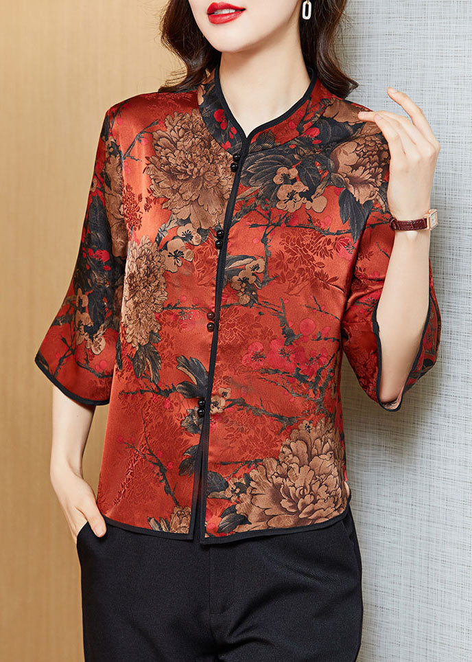 Red Mandarin Collar Print Vintage Silk Shirt Tops Half Sleeve