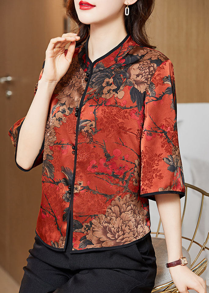 Red Mandarin Collar Print Vintage Silk Shirt Tops Half Sleeve