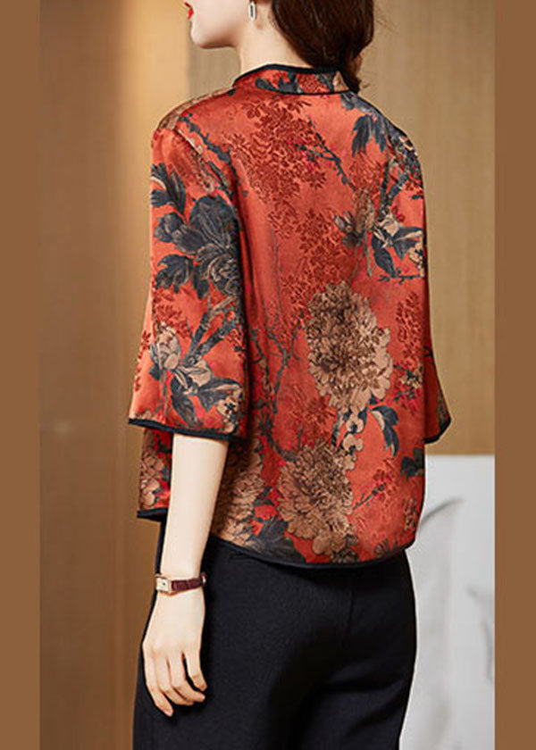 Red Mandarin Collar Print Vintage Silk Shirt Tops Half Sleeve