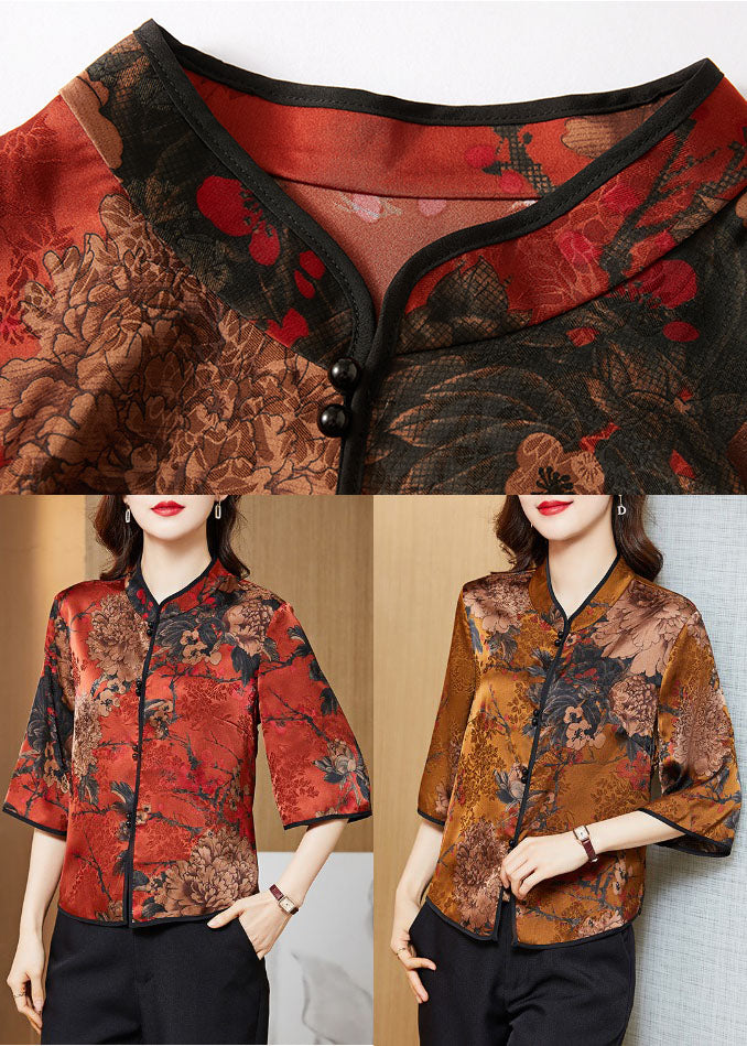 Red Mandarin Collar Print Vintage Silk Shirt Tops Half Sleeve