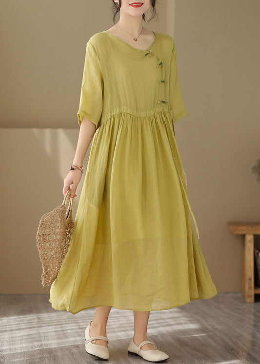 O Neck Vintage Yellow Patchwork Chinese Button Cotton Dresses Summer