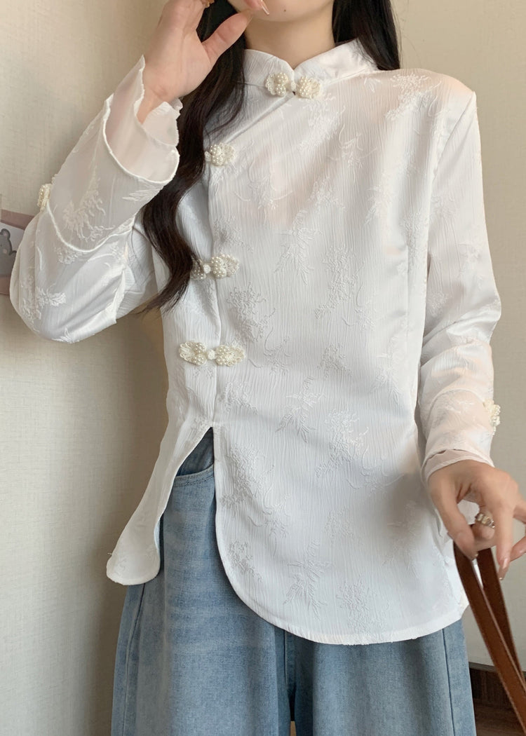 Vintage Apricot Stand Collar Jacquard Oriental Button Cotton Top Fall
