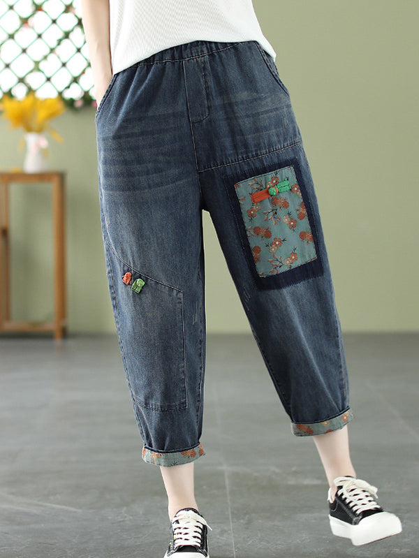 Vintage Artistic Patch Denim Pants