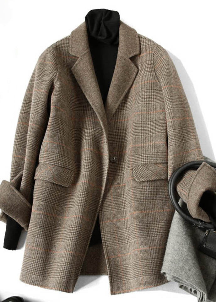 Spring Vintage Chocolate Peter Pan Collar Check Wool Coat