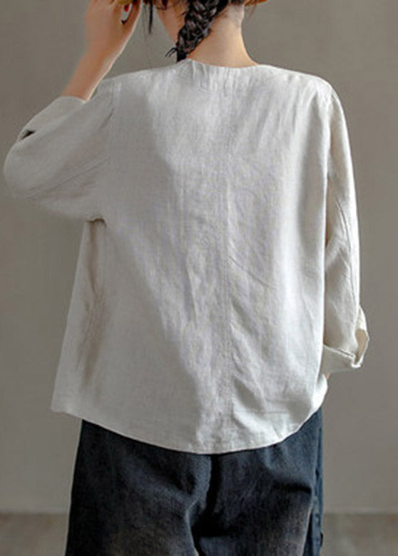 Vintage Chocolate V Neck Patchwork Button Linen Shirt Long Sleeve