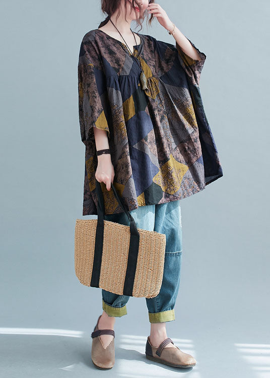 Vintage V Neck Geometric Print Patchwork Cotton Shirt Top