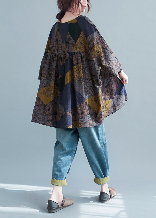 Vintage V Neck Geometric Print Patchwork Cotton Shirt Top