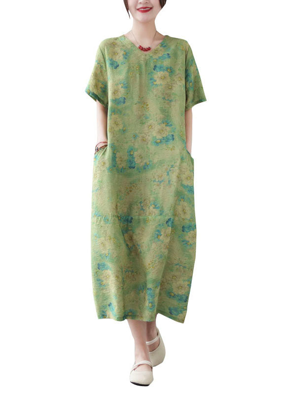 Vintage Green V Neck Print Patchwork Cotton Dress Summer