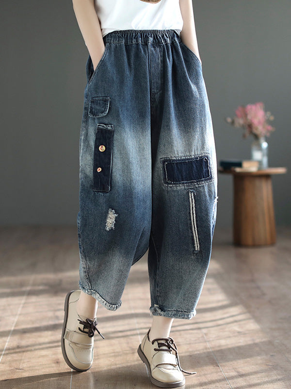 Hollow Elasticity Applique Vintage Denim Ninth Pants