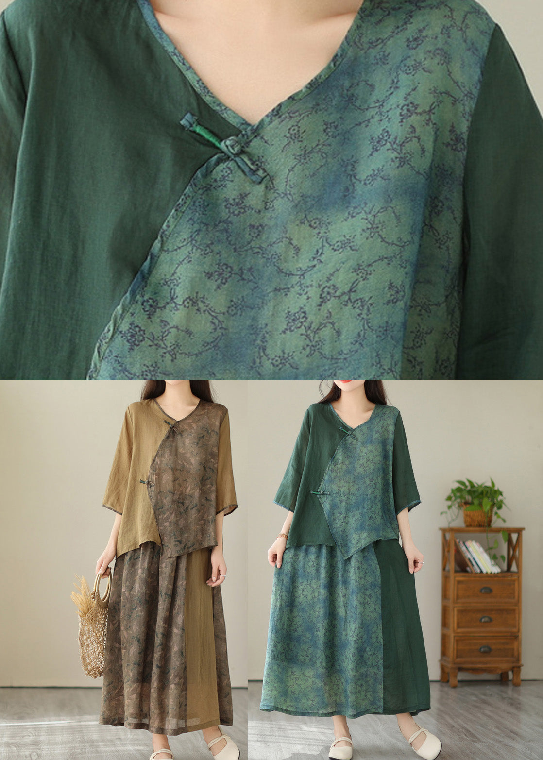 Retro Khaki Printed Linen Top And A Line Skirts Two Pieces Set Summer