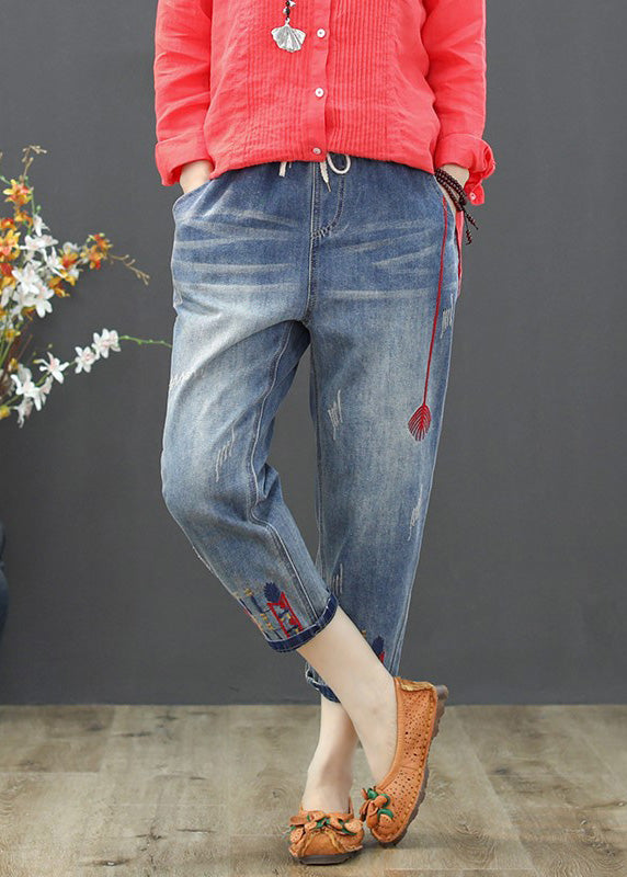 Vintage Light Blue Embroidered Tie Waist Crop Jeans Summer